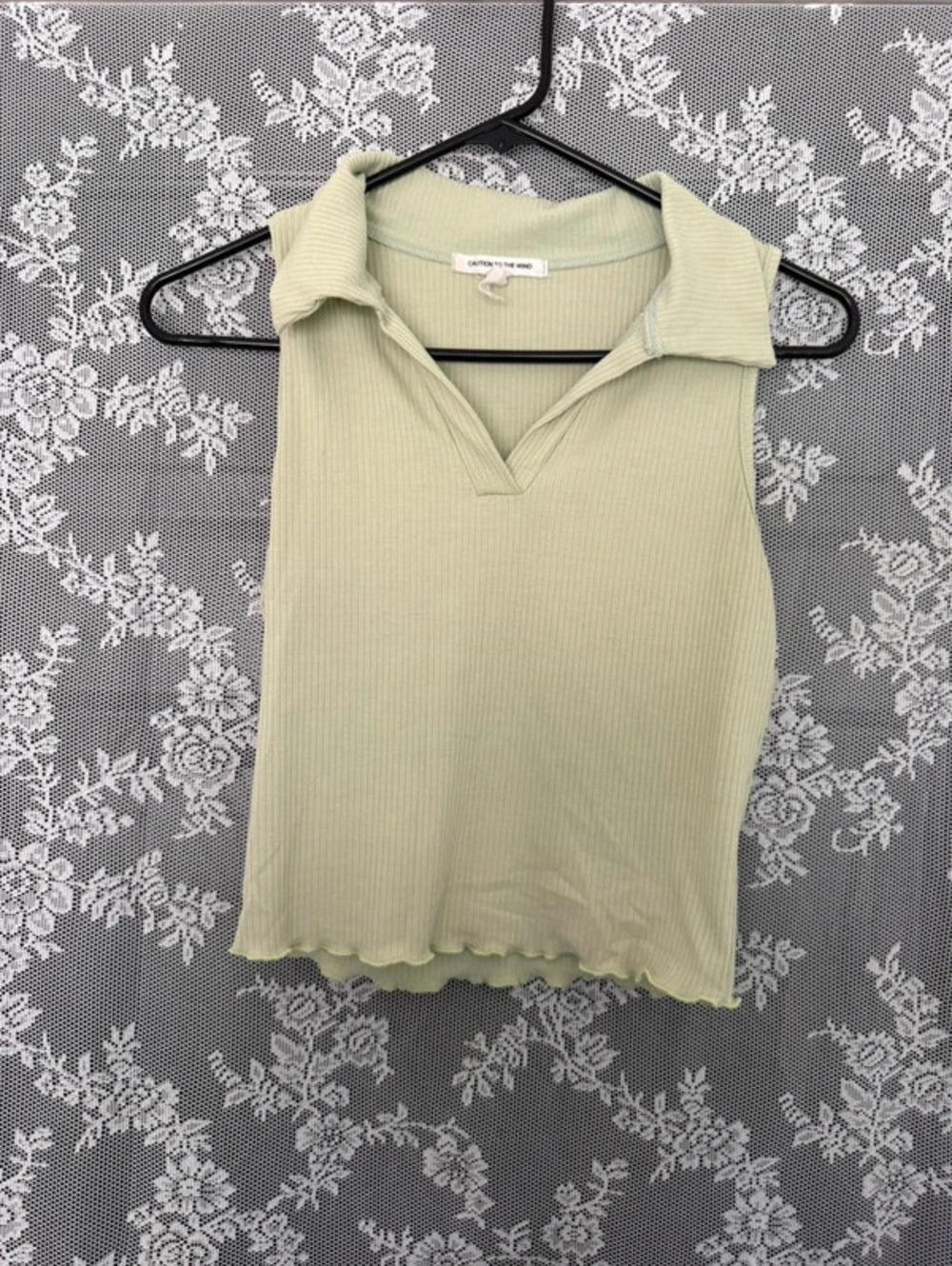 Caution To The Wind Green Ribbed Knit Collared